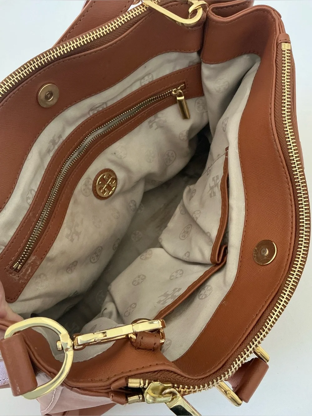 Tory Burch Robinson Double Zip Tote Tan Leather Satchel Crossbody Bag - Picture 7 of 14
